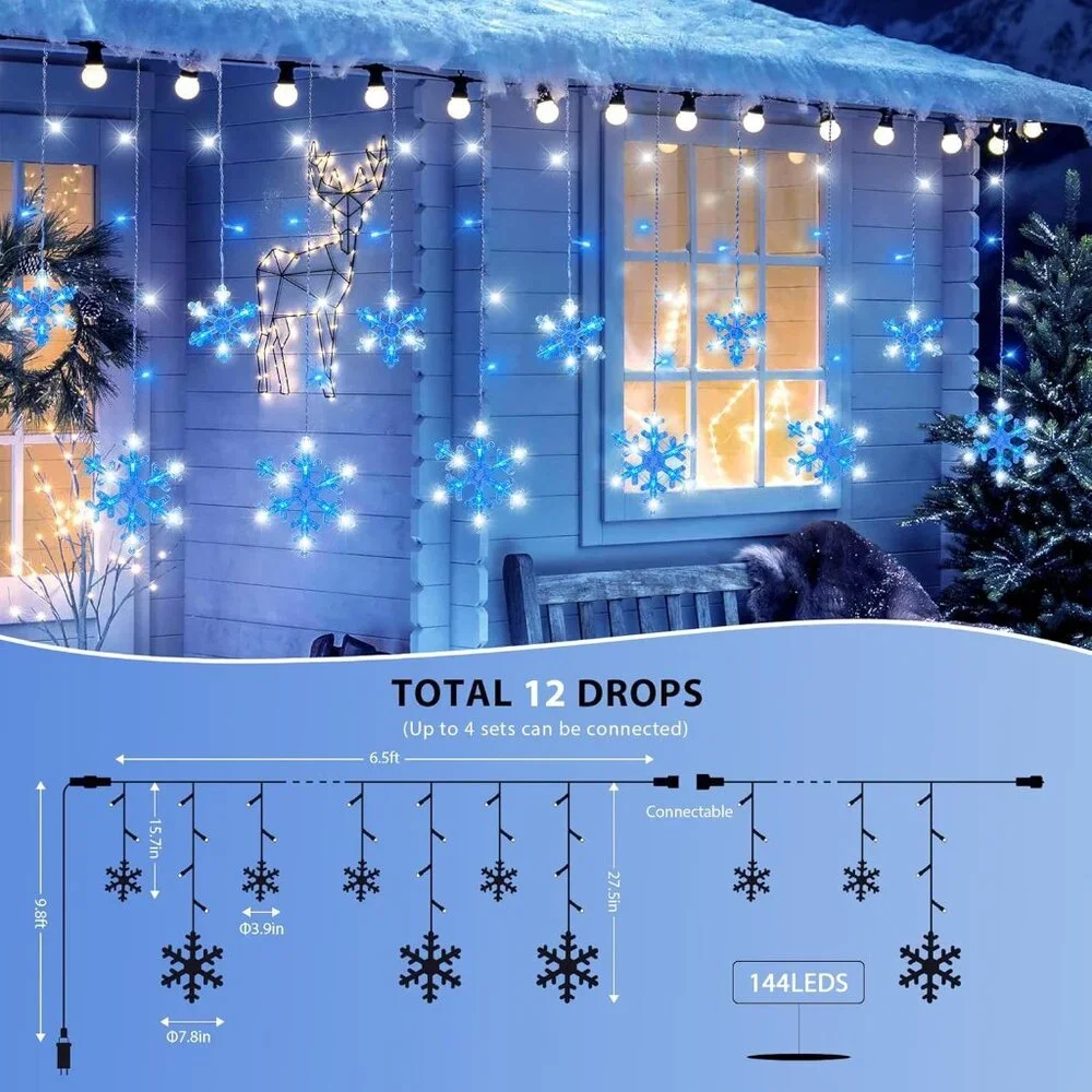 Elegant 6.5ft Christmas Snowflake Icicle Lights - 144LEDs, 12 Drops, Waterproof